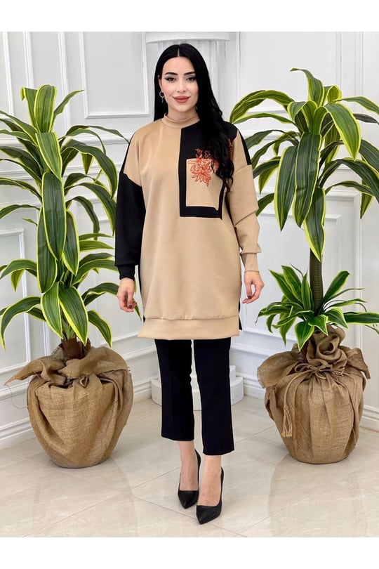 Çiçek Nakış Spor Tunik 10370-Siyah