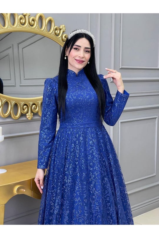 Çiçek Sim Bilek Boy Abiye 17570-Mavi
