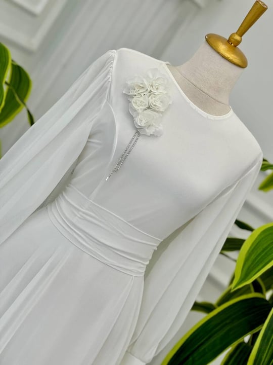 Çiçek Taş Broş Şifon Elbise 1516 t-24 Beyaz