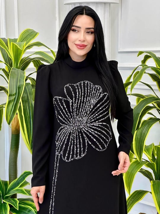 Çiçek Taş İşleme Krep Elbise 941 t-24 Siyah