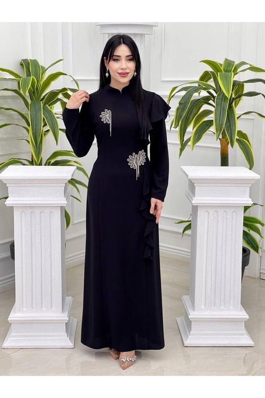 Çiçek Taşlı Volanlı Elbise 5545-Siyah