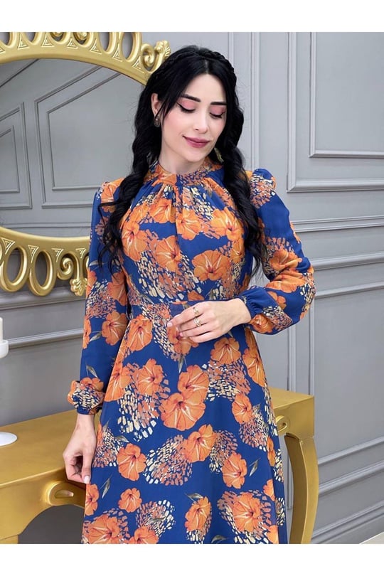 Çiçekli Elbise 3307-İndigo Mavi