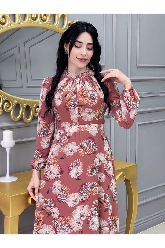 Çiçekli Elbise 3307-Taba