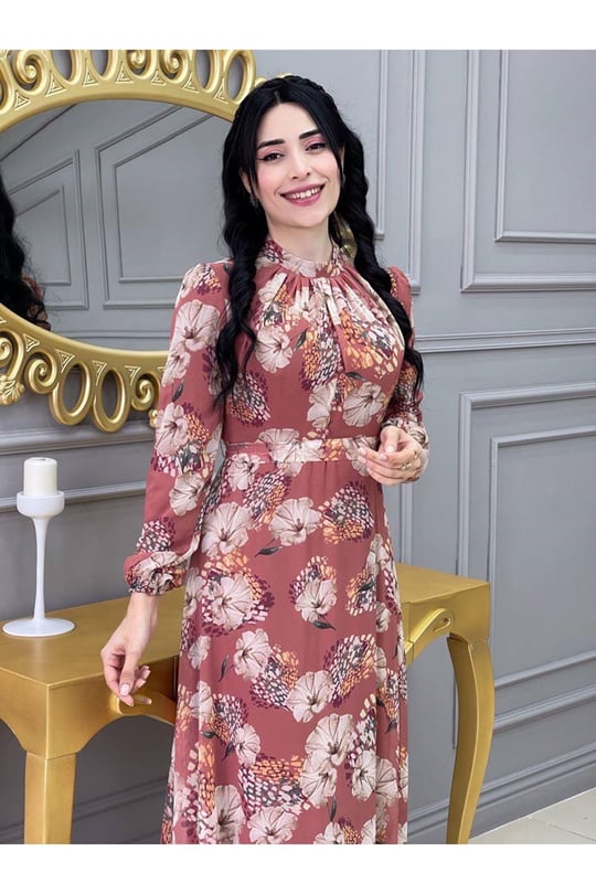 Çiçekli Elbise 3307-Taba