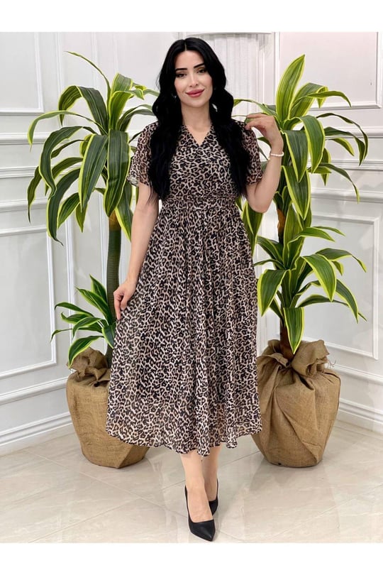 Çiçekli Kısa Kol Elbise 5078-Leopar