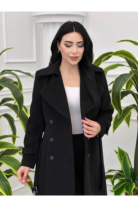 Çift Düğme Kemerli Kaban 23k20-Siyah
