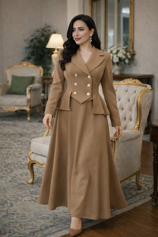 Çift Düğme Takım Görünümlü Elbise 7096 T-26 Bej