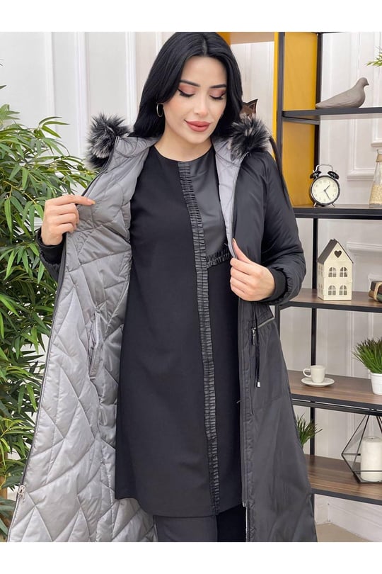 Çift Taraflı Şişme Kaban 8133-Siyah Gri