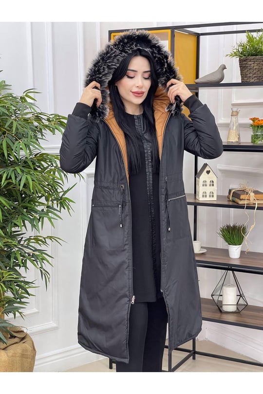 Çift Taraflı Şişme Kaban 8133-Siyah Taba