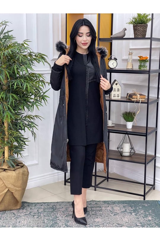 Çift Taraflı Şişme Kaban 8133-Siyah Taba