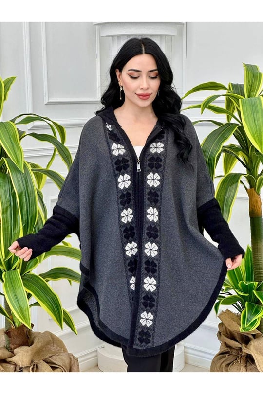 ÇıkmaKol Kapişonlu Panço 025-Siyah