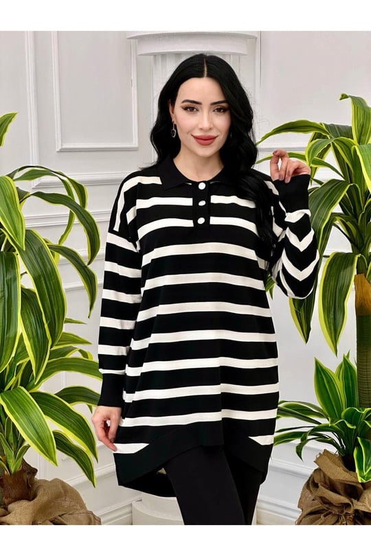 Çizğili Gömlek Yaka Tunik 14855-Siyah
