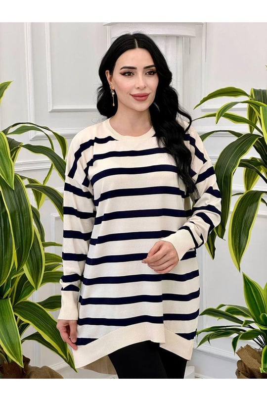 Çizğili Oversize Tunik 14854-Ekru