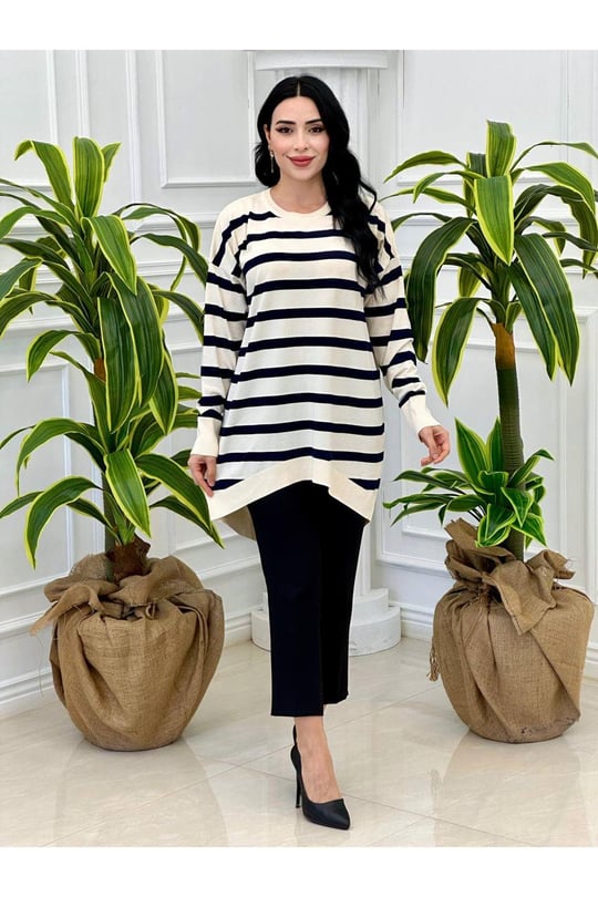 Çizğili Oversize Tunik 14854-Ekru