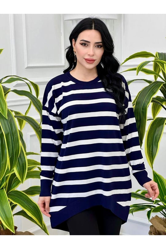 Çizğili Oversize Tunik 14854-Lacivert