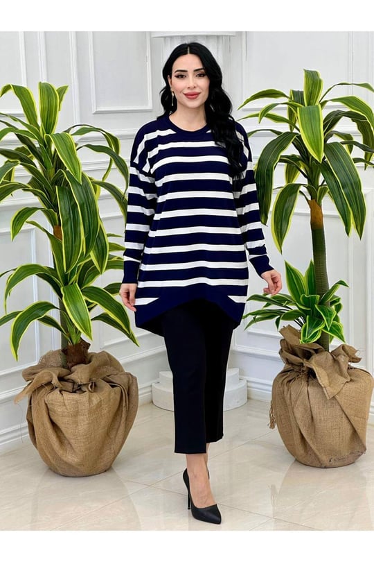 Çizğili Oversize Tunik 14854-Lacivert