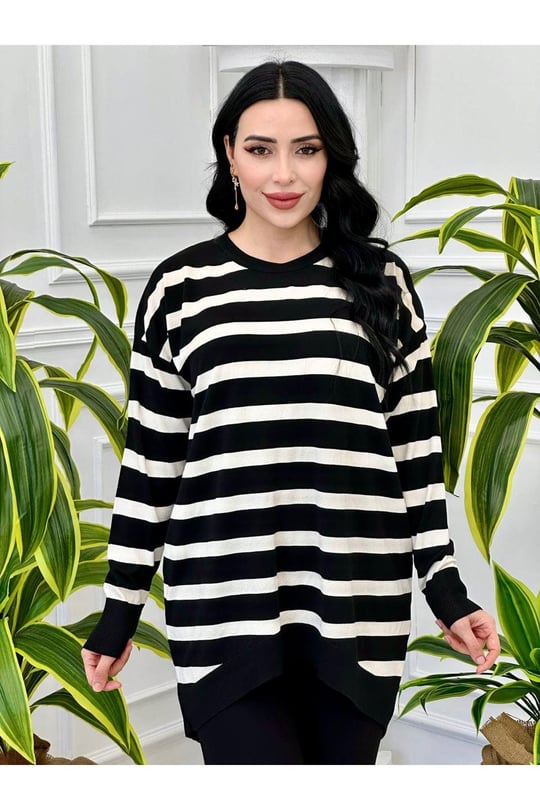 Çizğili Oversize Tunik 14854-Siyah