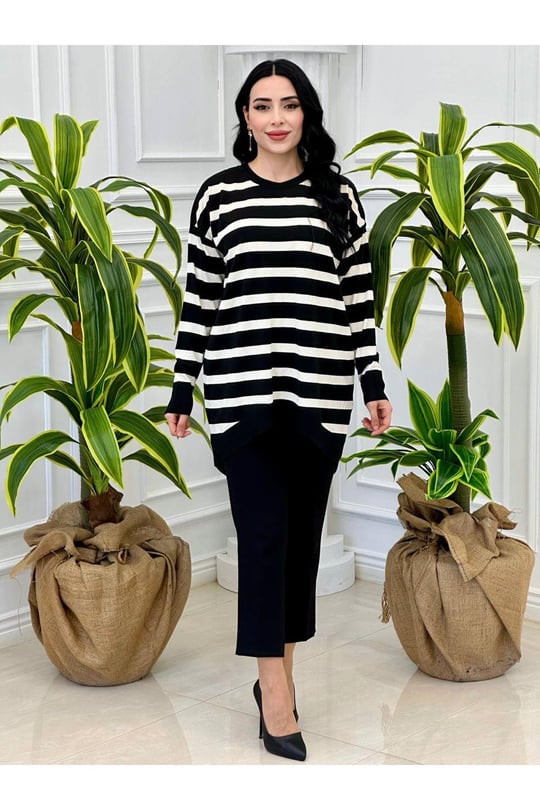 Çizğili Oversize Tunik 14854-Siyah