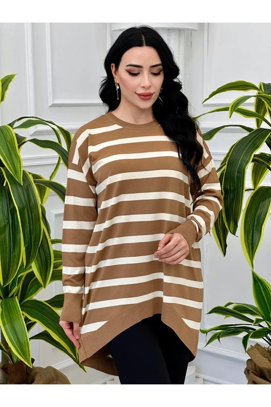 Çizğili Oversize Tunik 14854-Vizon