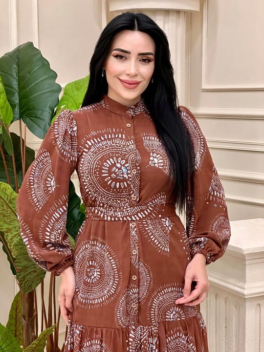 Daire Desen Şifon Elbise 12538 T-24 Taba