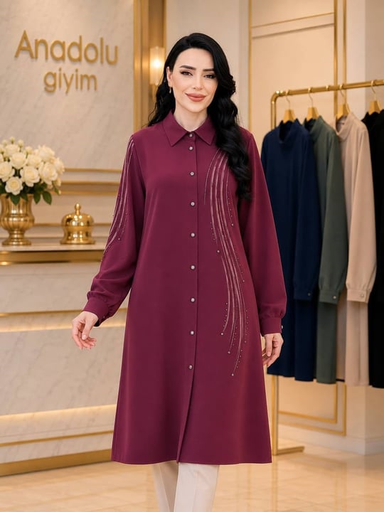 Dalga Desen Düğmeli Tunik 1014 T-025 Bordo