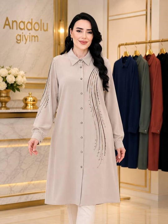 Dalga Desen Düğmeli Tunik 1014 T-025 Bej