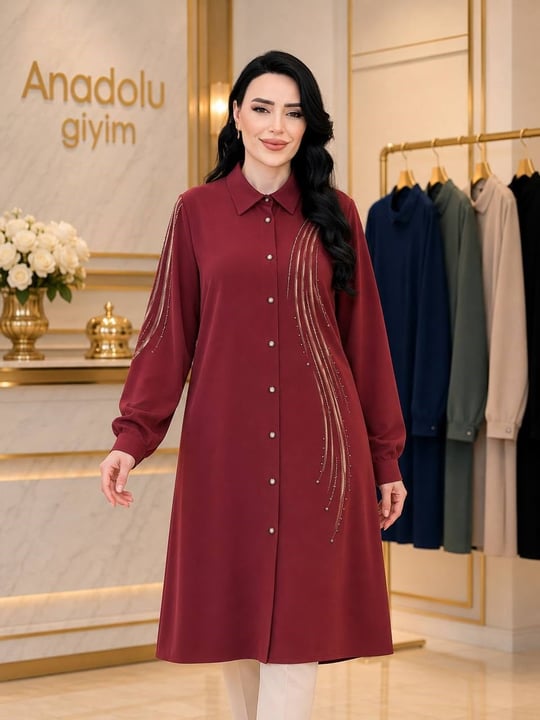 Dalga Desen Düğmeli Tunik 1014 T-025 Kiremit