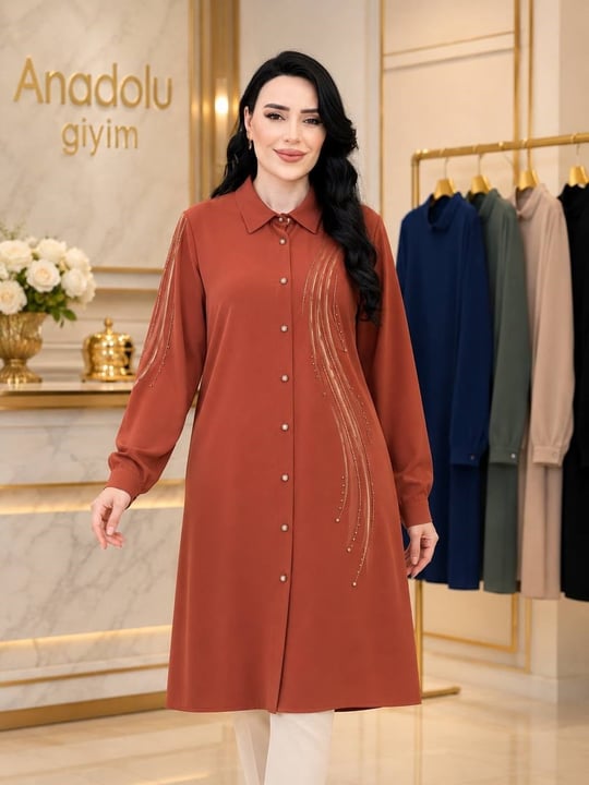 Dalga Desen Düğmeli Tunik 1014 T-025 Taba