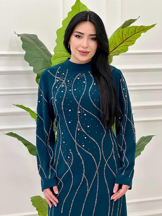 Dalga Taş İşleme Krep Elbise 998 e-25 Zümrüt Yeşil