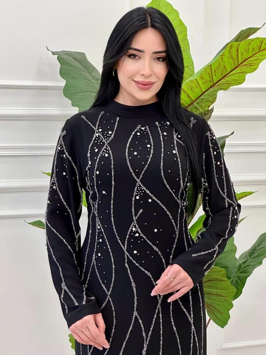 Dalga Taş İşleme Krep Elbise 998 e-25 Siyah