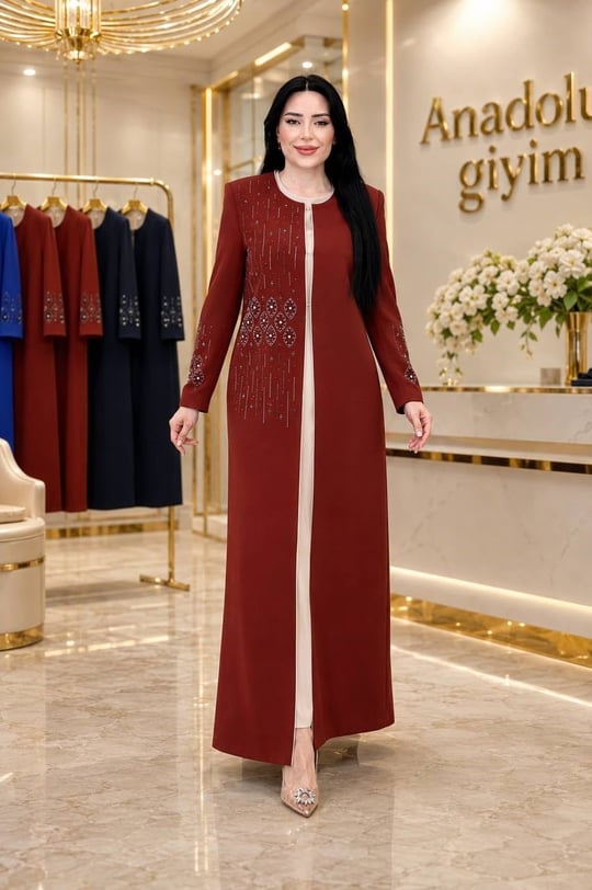 Damla Taş İşleme Abaya Elbiseli Takım 2181 T-26 Kiremit