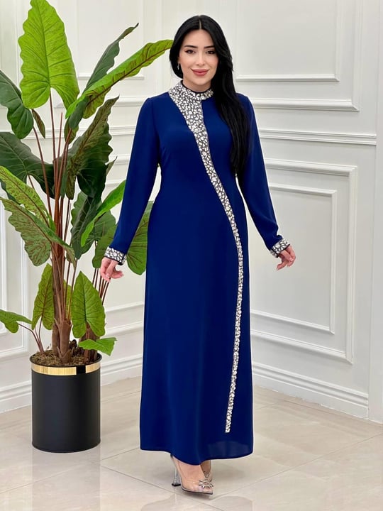 Damla Taş İşleme Krep Elbise 3002 e-25 Saks