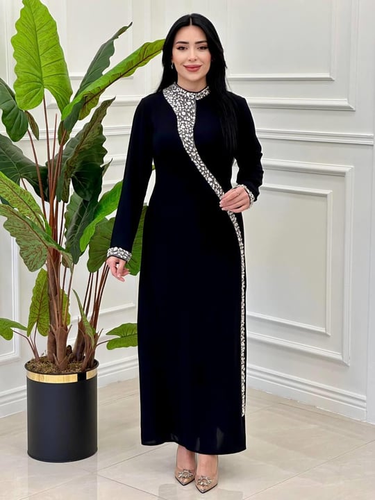 Damla Taş İşleme Krep Elbise 3002 e-25 Siyah