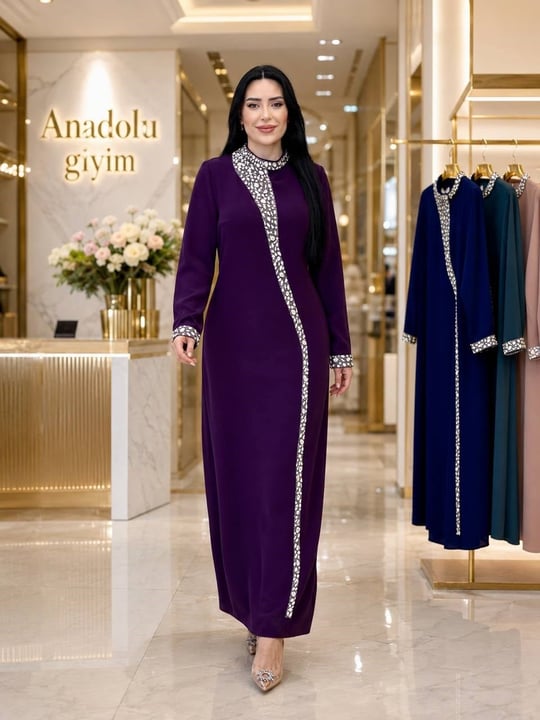 Damla Taş İşleme Krep Elbise 3002 e-25 Mor