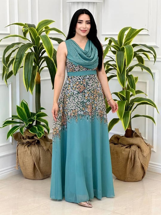 Degaje Yaka Çiçek Desen Şifon Elbise 4154 t-24 Mint yeşili