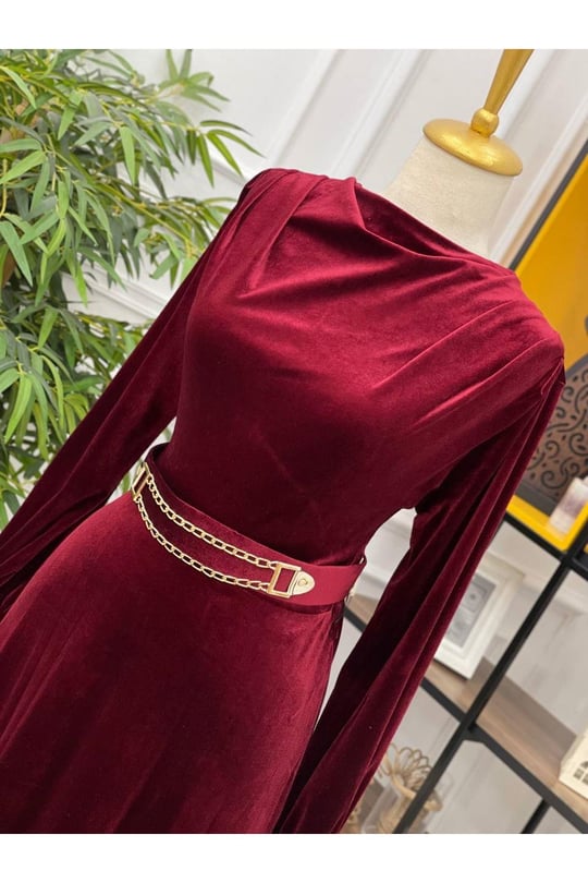 Degaje Yaka Kadife Elbise 3694-Bordo