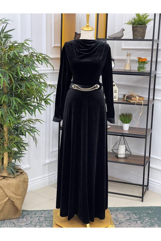 Degaje Yaka Kadife Elbise 3694-Siyah