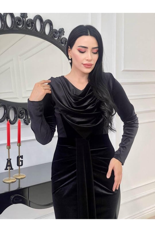 Degaje Yaka Kadife Elbise 4247-Siyah