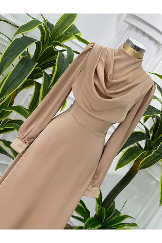 Degaje Yaka Saten Elbise 4039-Bej