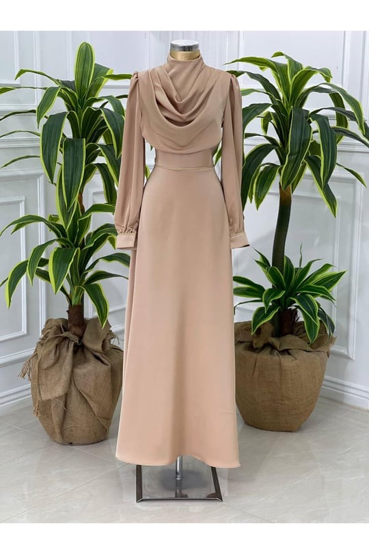 Degaje Yaka Saten Elbise 4039-Bej