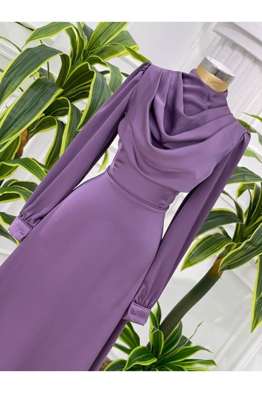 Degaje Yaka Saten Elbise 4039-Leylak