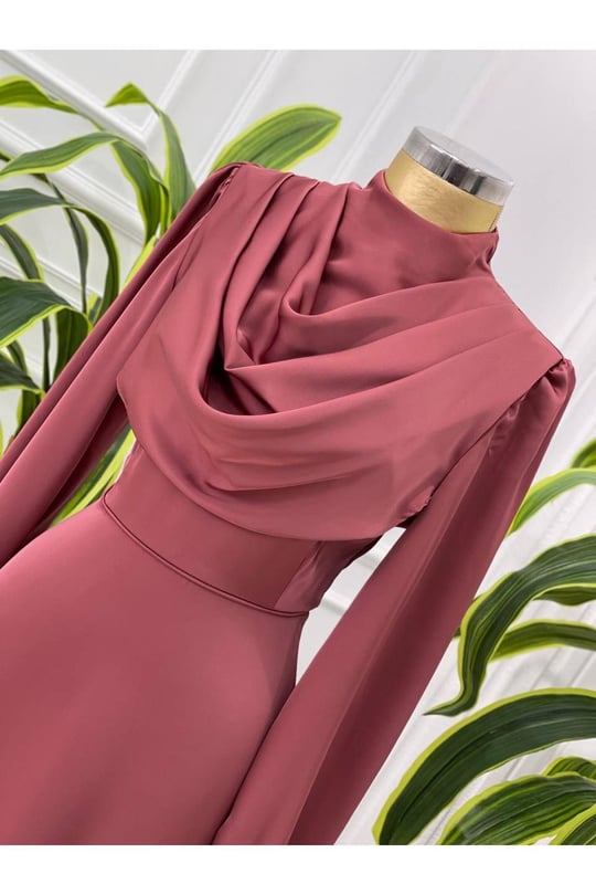 Degaje Yaka Saten Elbise 4039-Rose