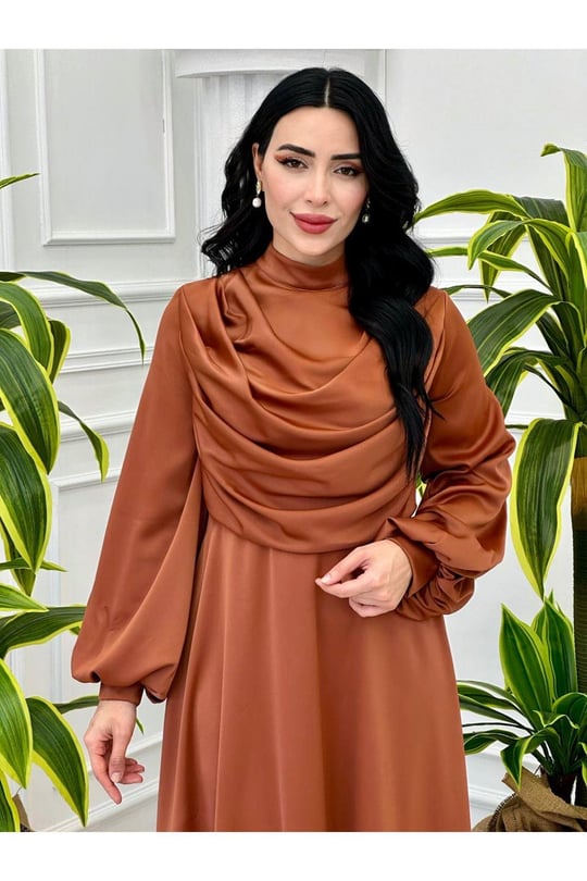 Degaje Yaka Saten Elbise 9365-Kiremit