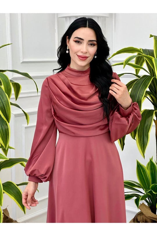 Degaje Yaka Saten Elbise 9365-Rose