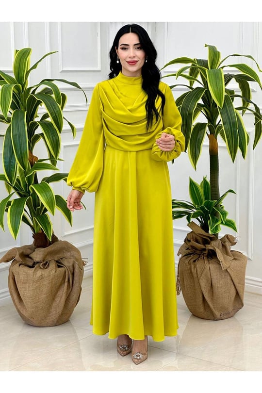 Degaje Yaka Saten Elbise 9365-Sarı