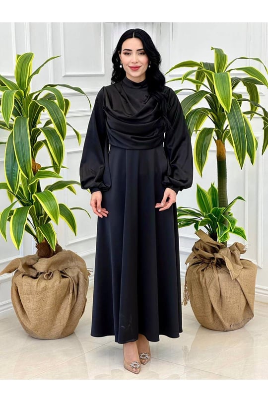 Degaje Yaka Saten Elbise 9365-Siyah