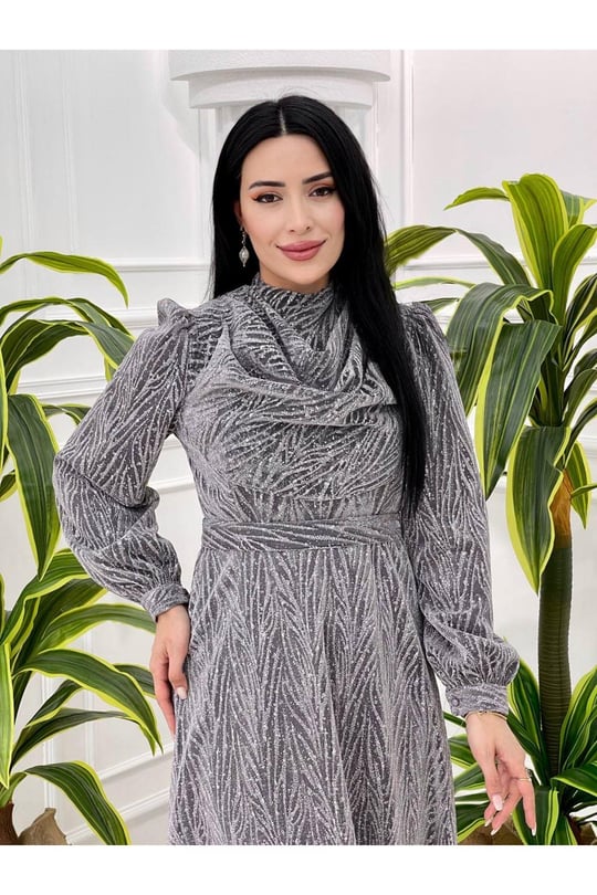 Degajeli Şifon Elbise 4065-Gri