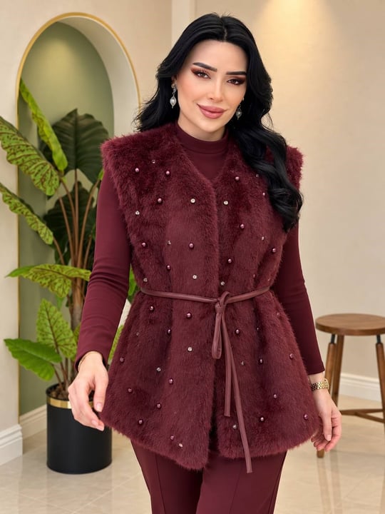 Deri Bağcık Angora Yelek 9043 T-26 Bordo