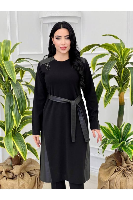 Deri Bağçıklı Tunik 1378-Siyah