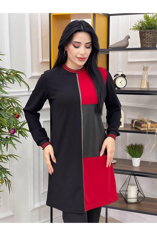 Deri Bloklu Tunik 711-Kırmızı